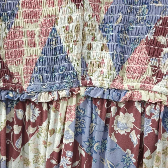 MAURICES Patchwork Floral Print Long Sleeve Peplum Top, V Neck, Smocked Chest - Picture 8 of 15